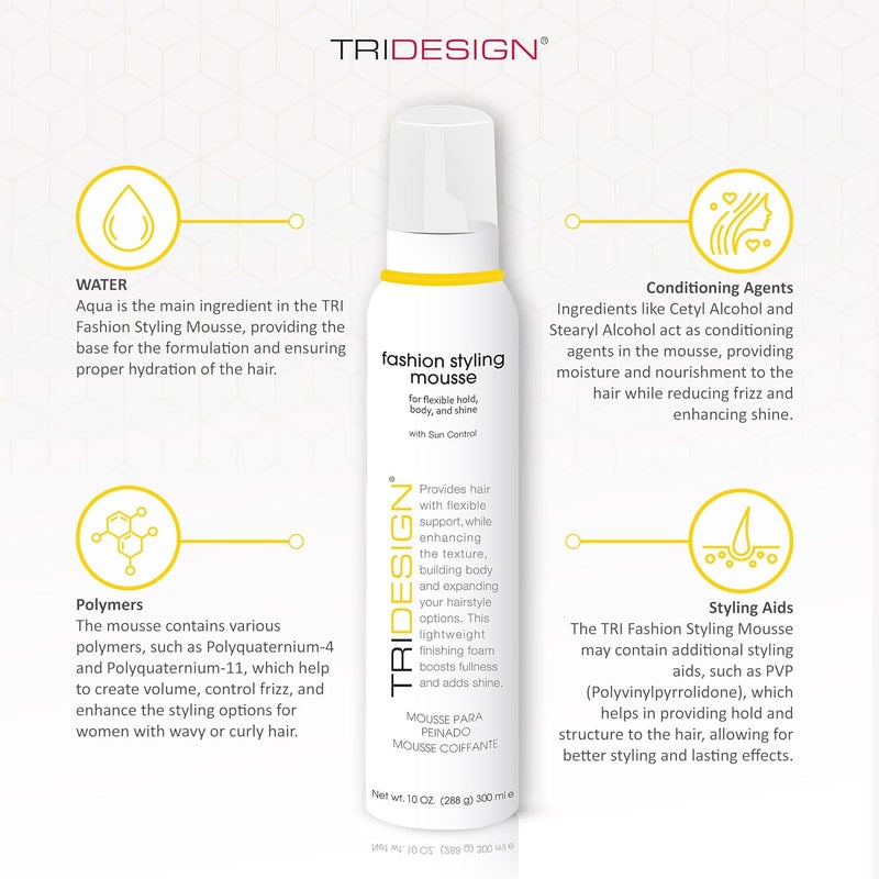 TRIDESIGN Tri Fashion Styling Mousse - 10 Fluid Ounce for Flexible Hold, Body, and Shine - Image 3